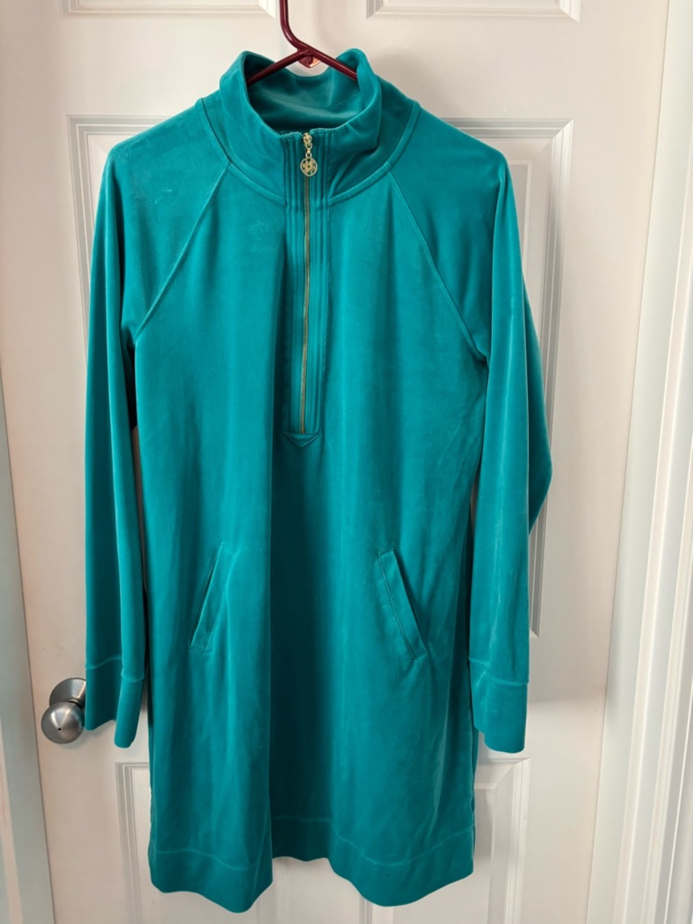 Lilly Pulitzer Skipper Velour / Velvet Popover Maldives Green Teal Half-Zip Sz L